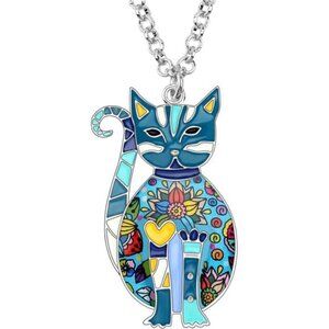 Blue Cat Necklace Enamel Kitten Pendant on Alloy Chain Jewelry for Cat Lovers